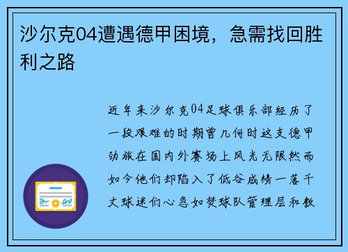 沙尔克04遭遇德甲困境，急需找回胜利之路